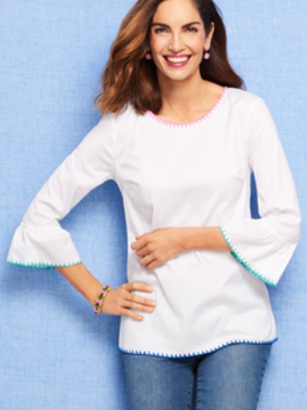 TALBOTS Ladder Stitich White Top with Pink/Blue Accent Trim M